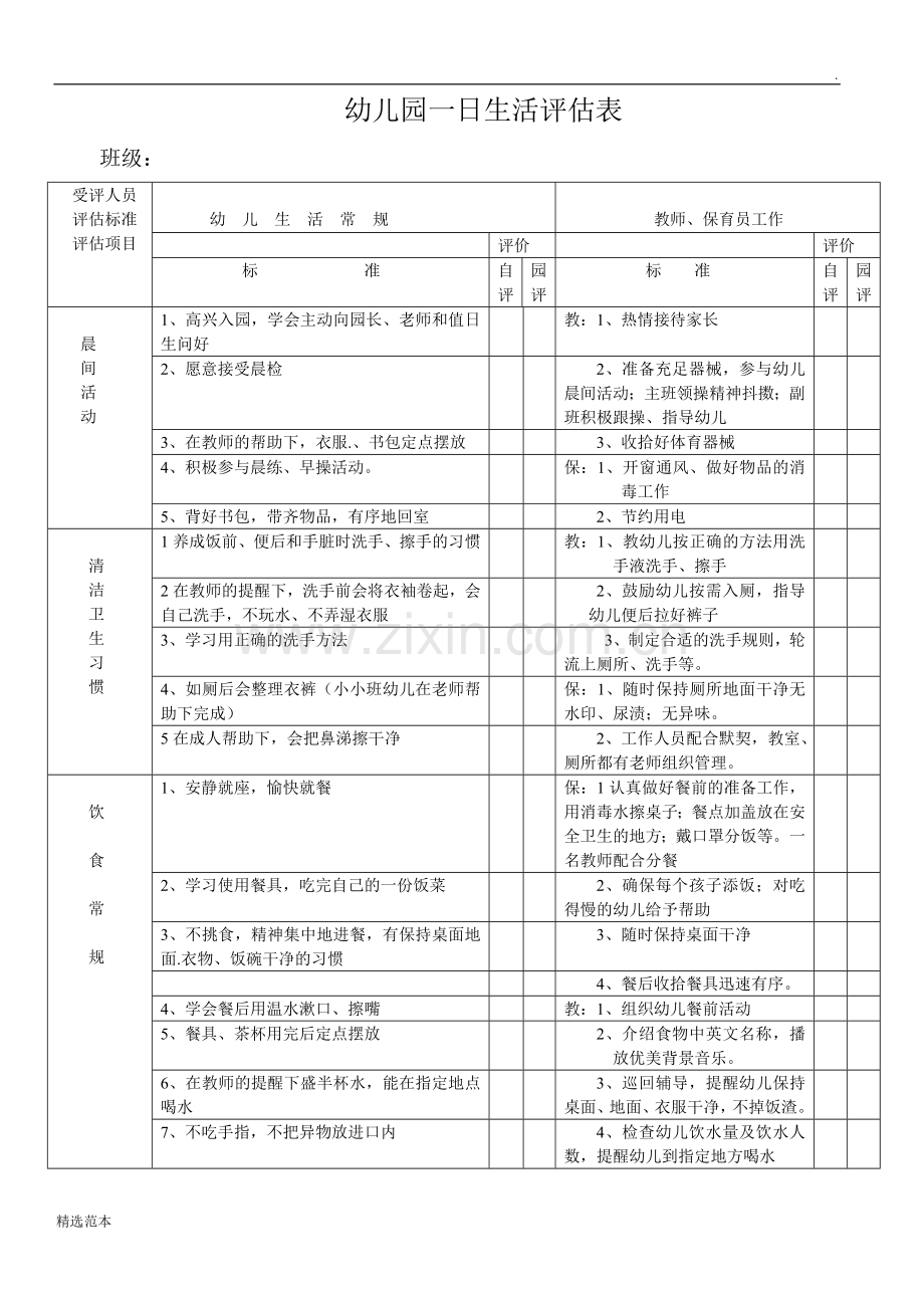 幼儿园班级一日生活评估表.doc_第1页