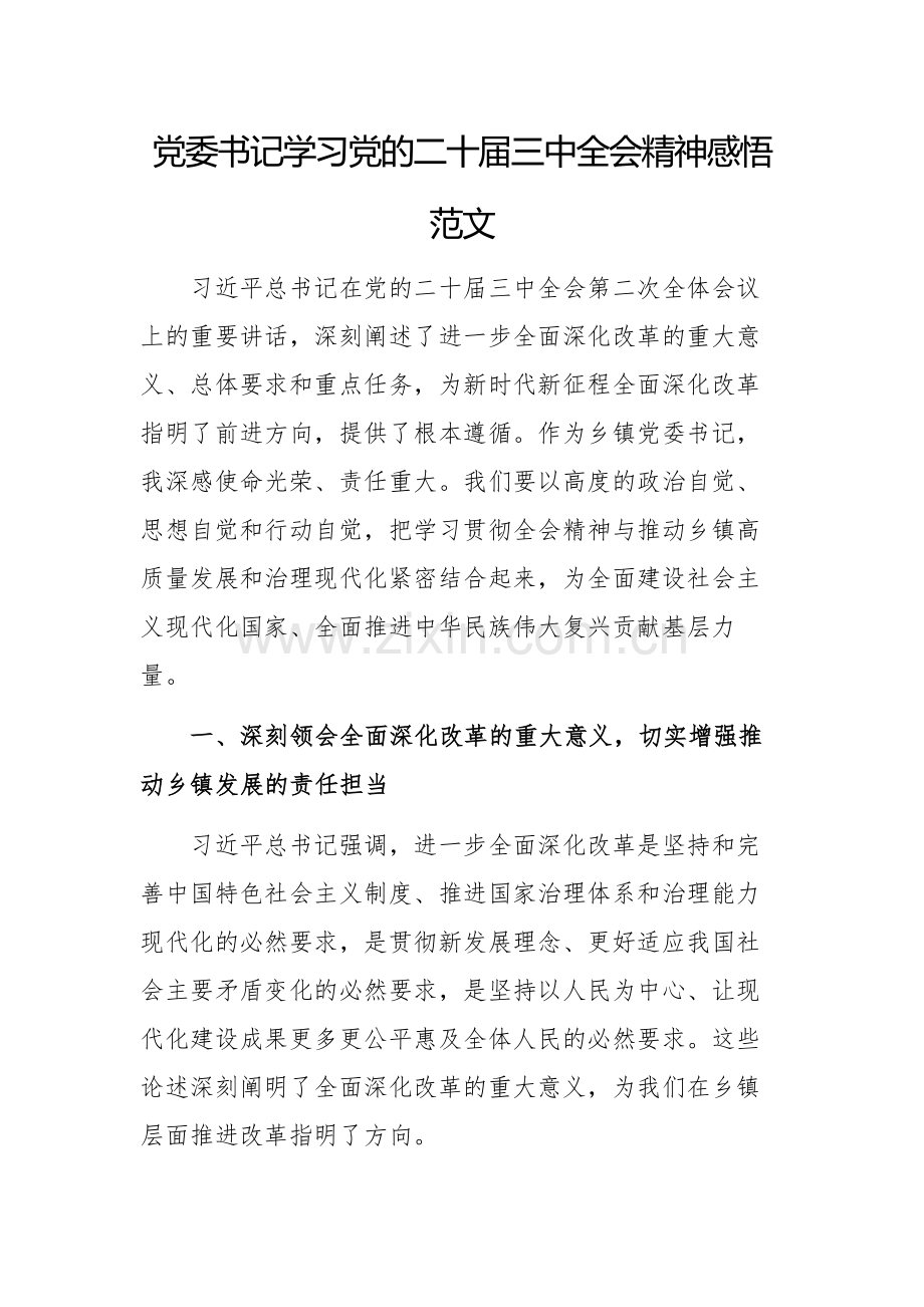 学习党的二十届三中全会精神感悟范文范文.docx_第1页