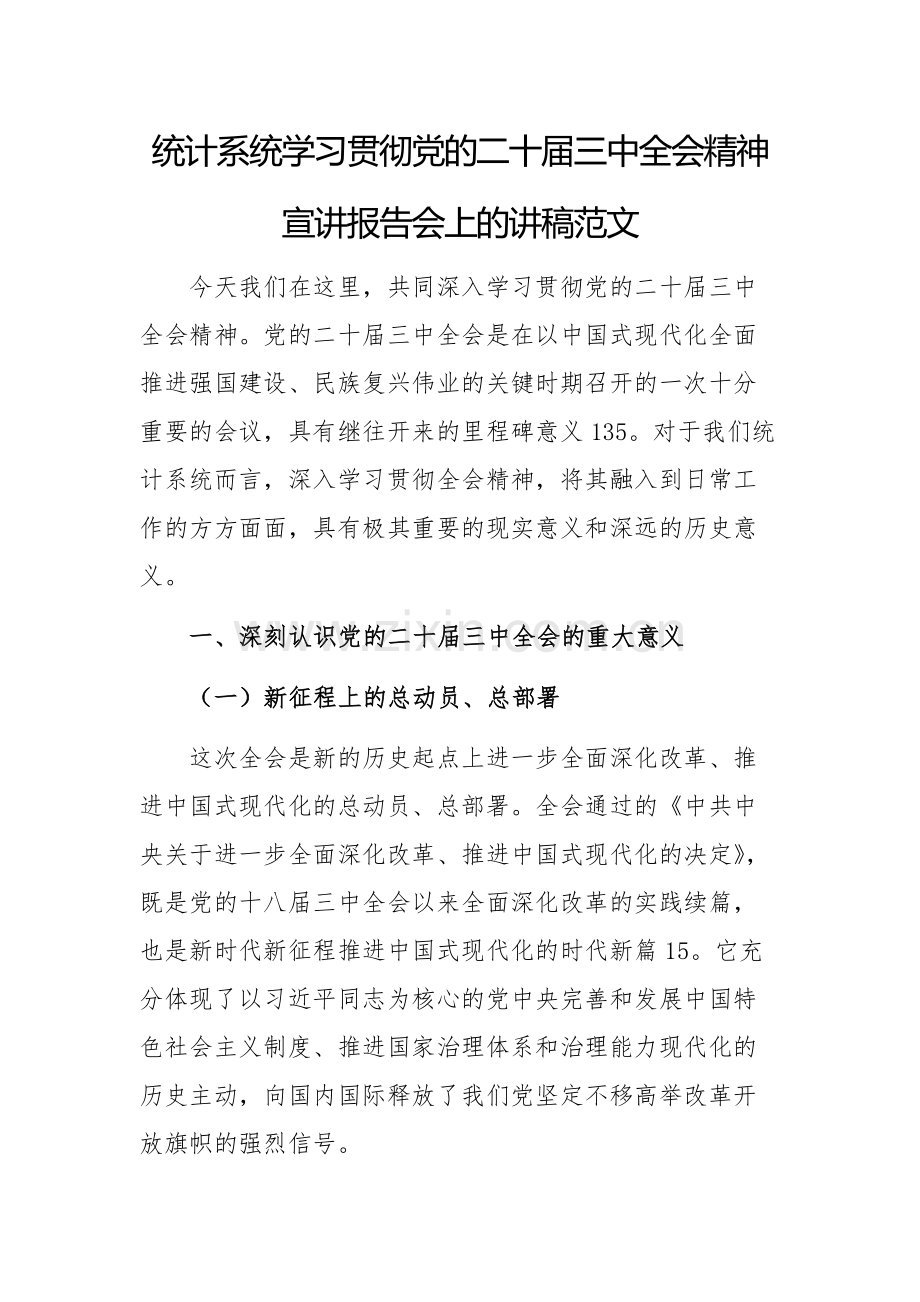 统计系统学习贯彻党的二十届三中全会精神宣讲报告会上的讲稿范文.docx_第1页