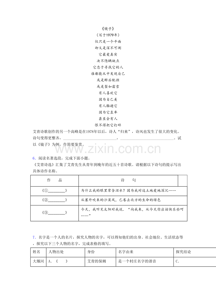 九年级语文《艾青诗选名著阅读》测试卷及答案.doc_第2页