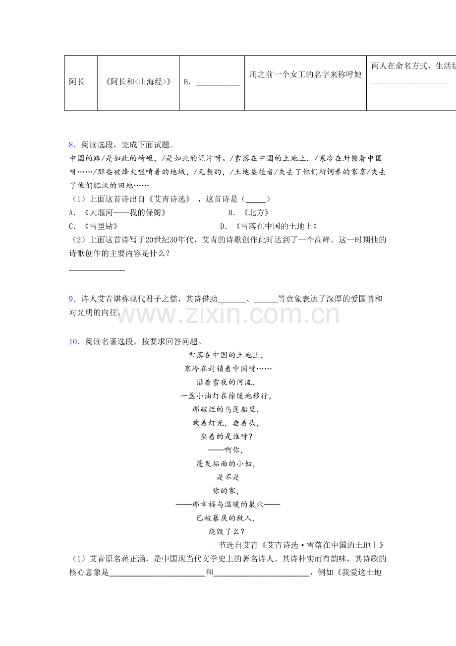 九年级语文《艾青诗选名著阅读》测试卷及答案.doc_第3页