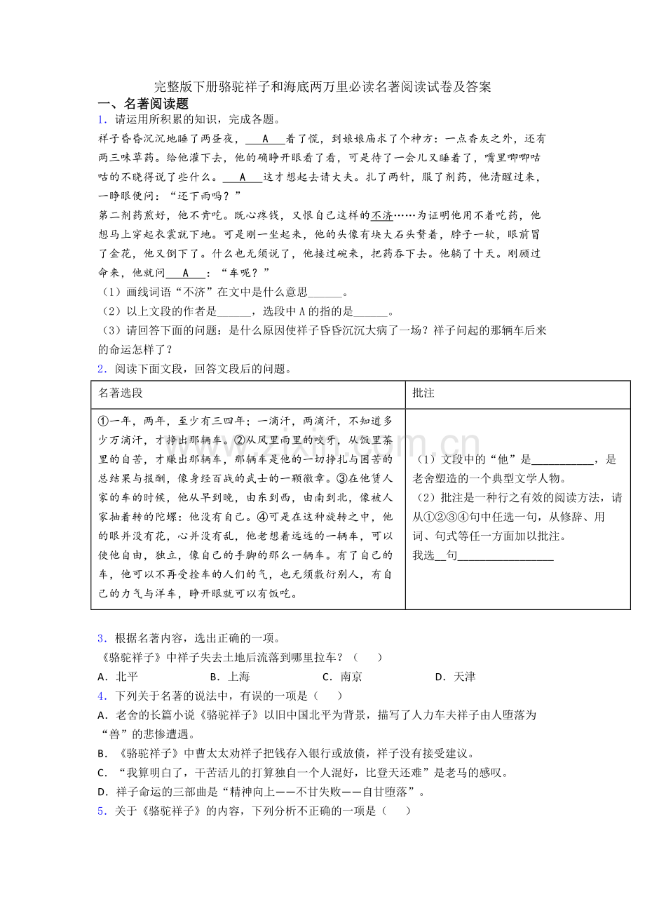 下册骆驼祥子和海底两万里必读名著阅读试卷及答案.doc_第1页