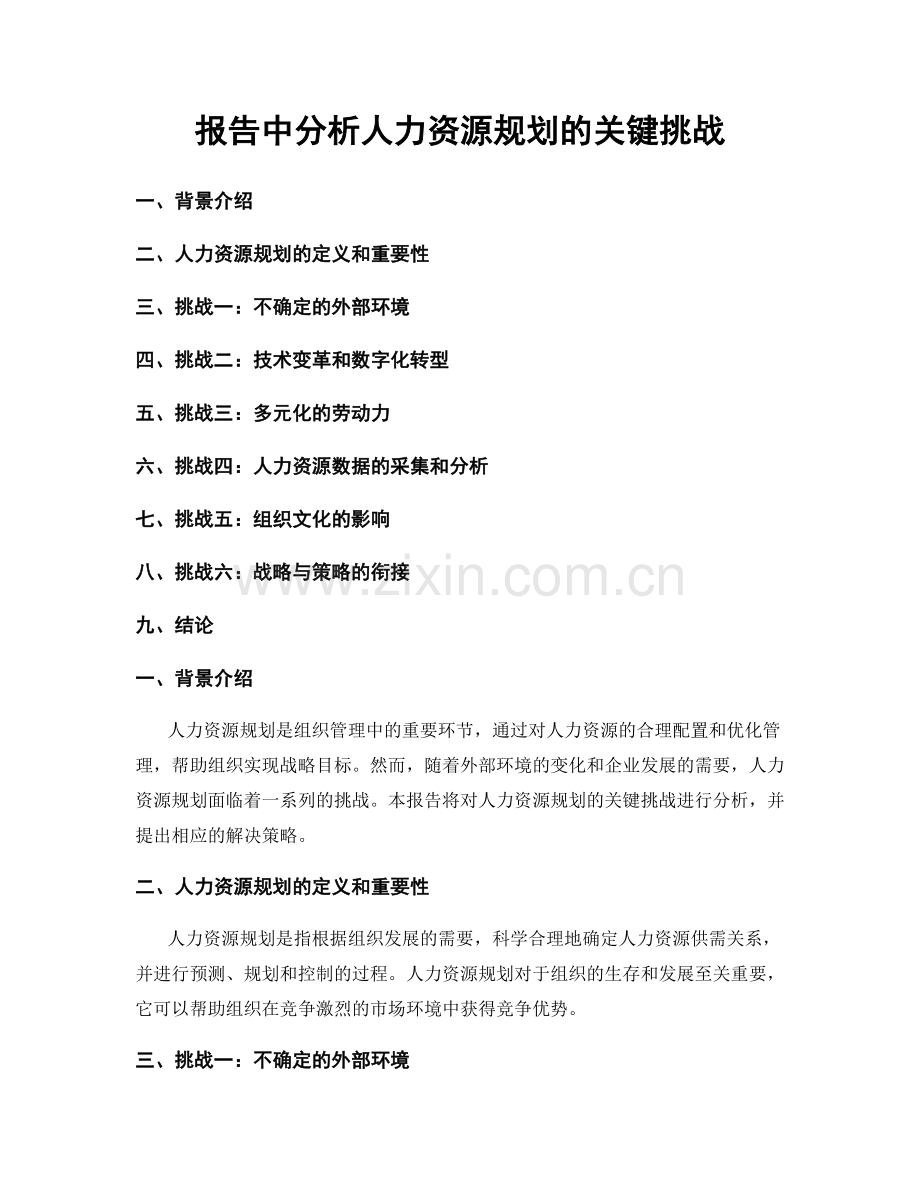 报告中分析人力资源规划的关键挑战.docx_第1页