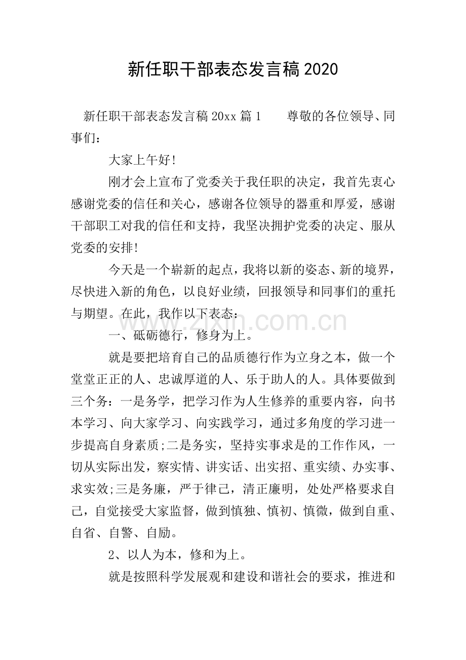 新任职干部表态发言稿2020.doc_第1页