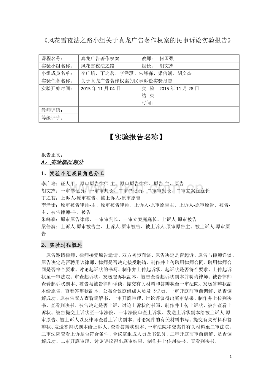 真龙广告案件诉讼实验报告.doc_第1页