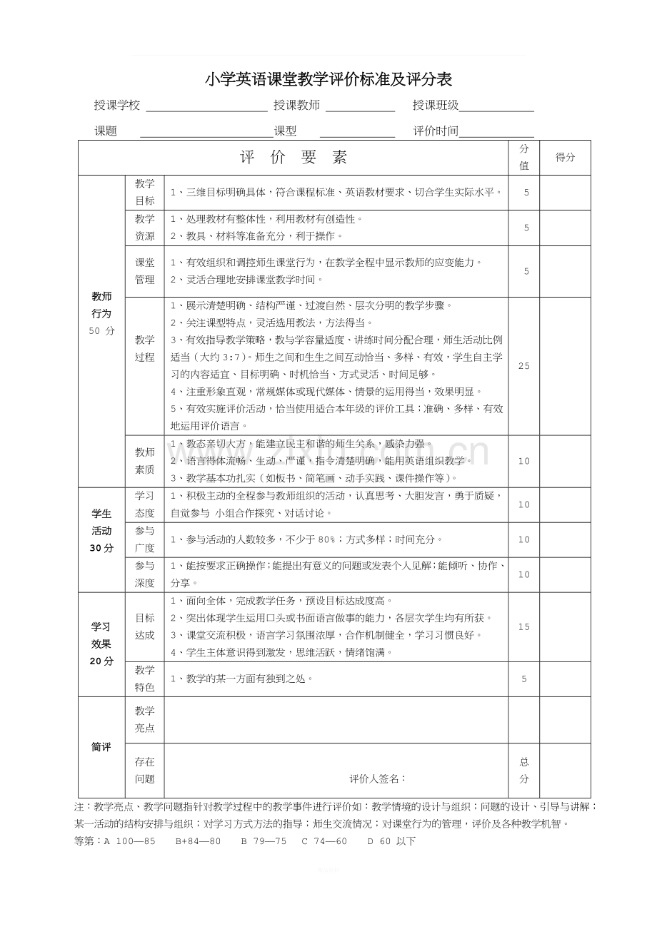 小学英语课堂教学评价表(2018).doc_第1页