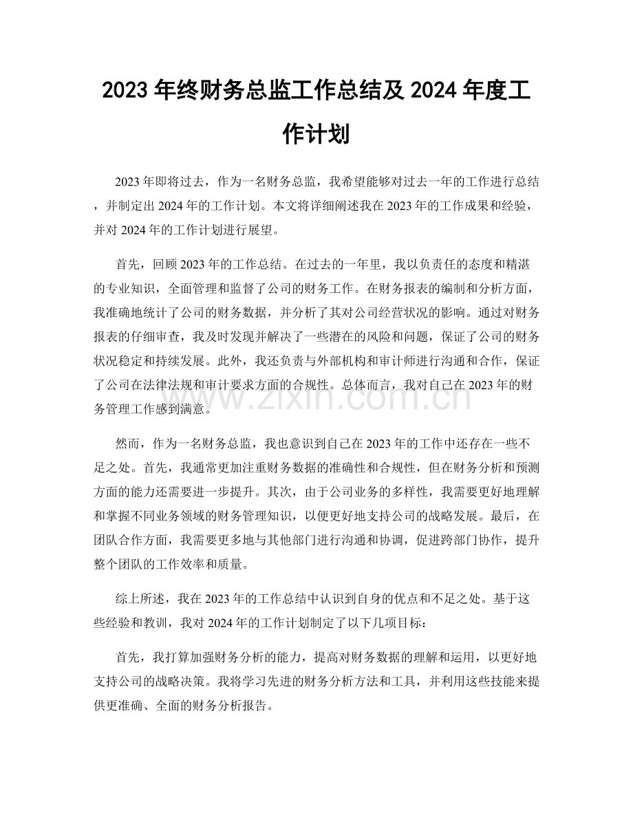 2023年终财务总监工作总结及2024年度工作计划.docx_第1页