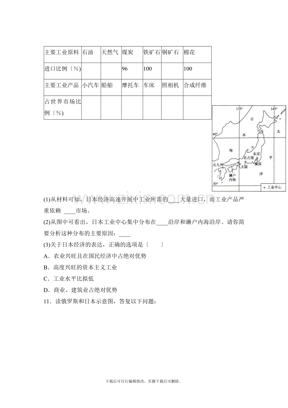 初中晋教版地理七年级下册10.4《日本—东亚的群岛国家》达标训练(第2课时).doc_第3页