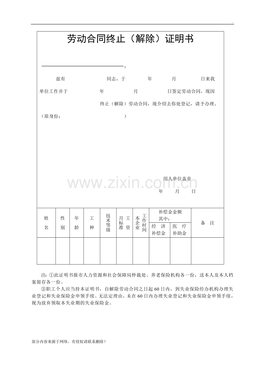 合肥市劳动合同终止(解除)证明书.doc_第1页