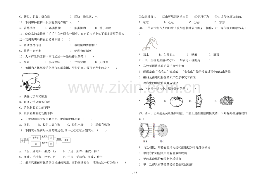 人教版七年级上册《生物》期末测试卷含答案.doc_第2页