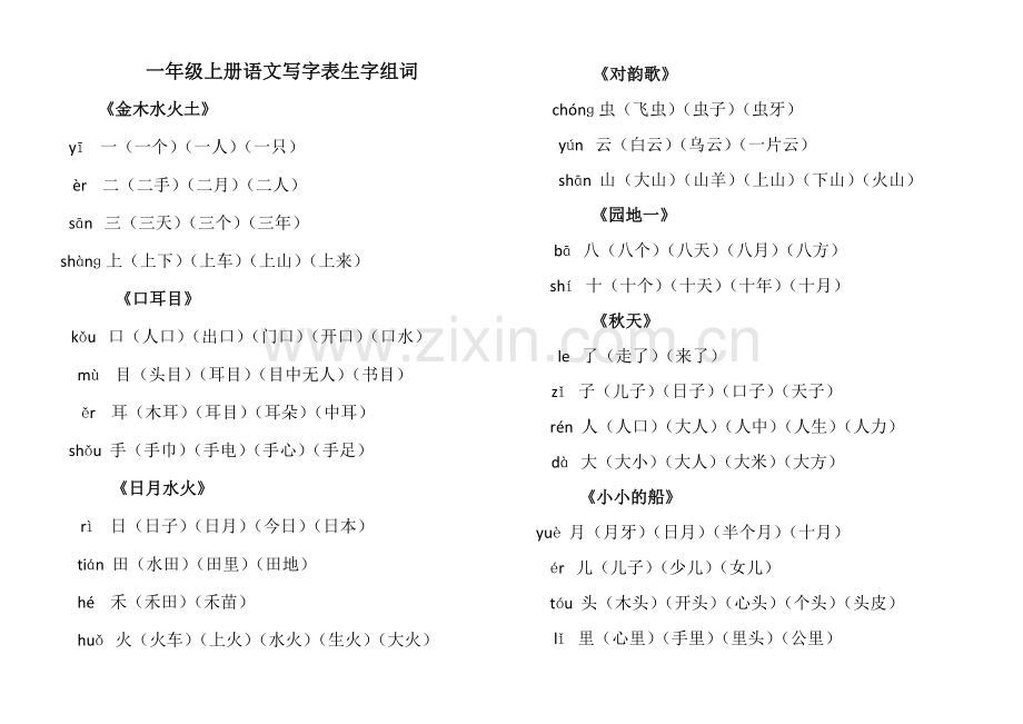 部编一年级上册语文写字表生字组词.doc_第1页