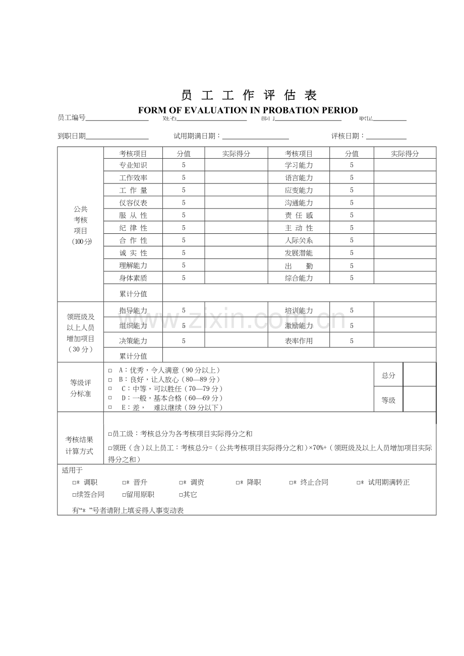 酒店员工工作评估表.docx_第1页