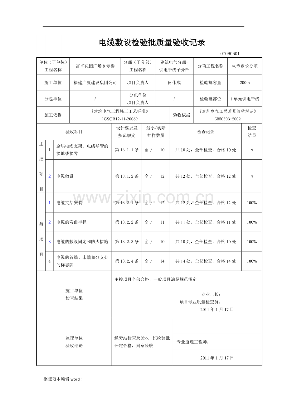 电缆敷设检验批质量验收记录.doc_第1页