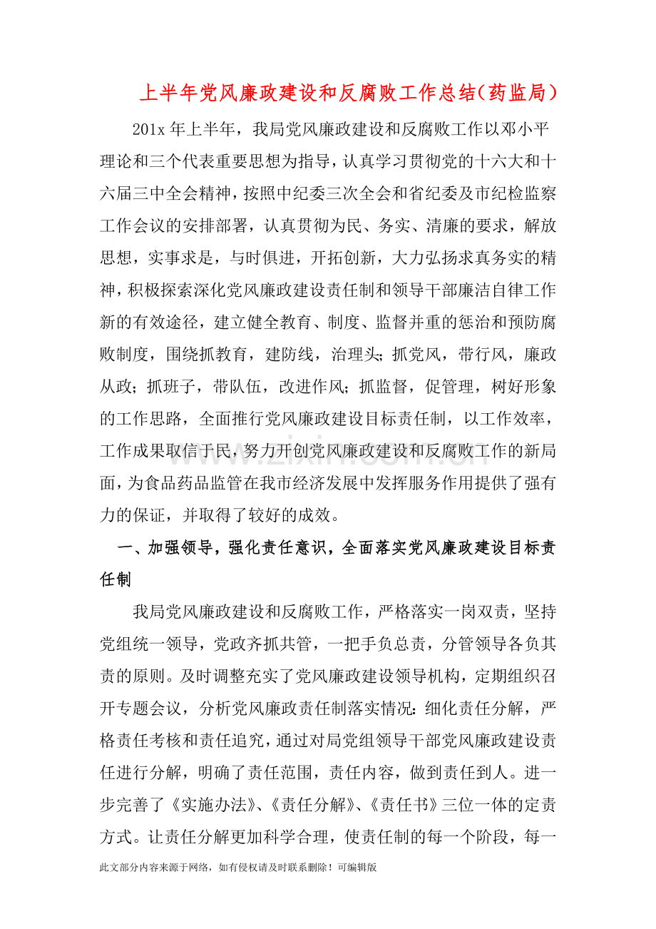 上半年党风廉政建设和反腐败工作总结(药监局).doc_第1页