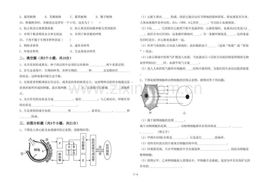 人教版七年级上册《生物》期末考试卷.doc_第3页