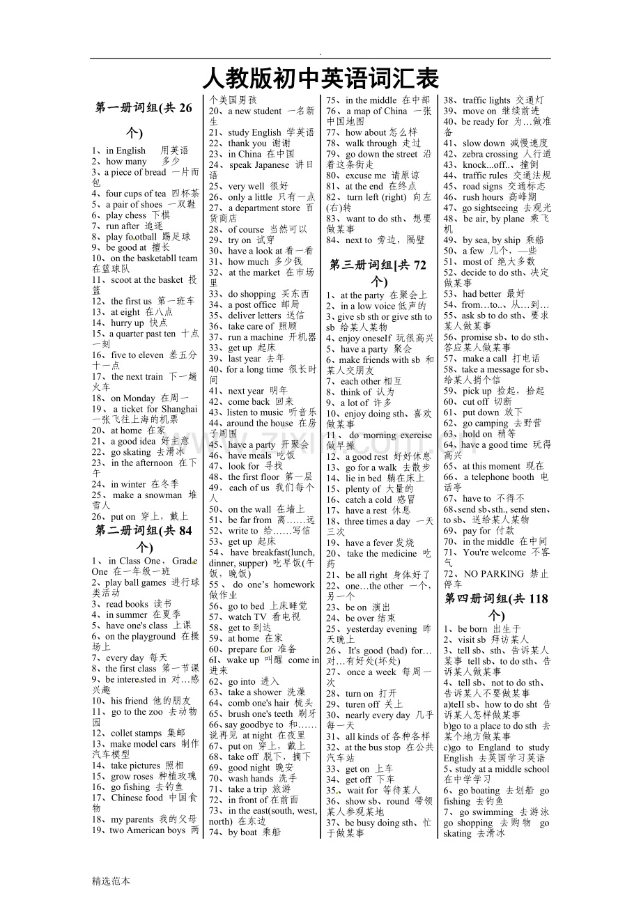 人教版初中英语词组汇总表(1-5册).doc_第1页