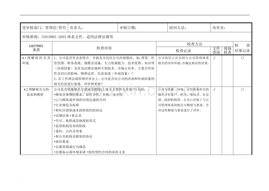 2019版质量管理体系内审检查表.doc_第1页