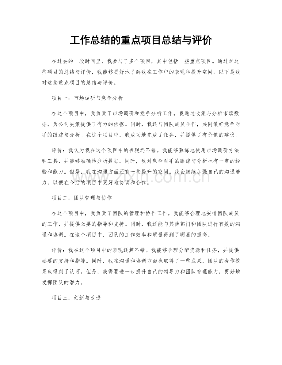 工作总结的重点项目总结与评价.docx_第1页