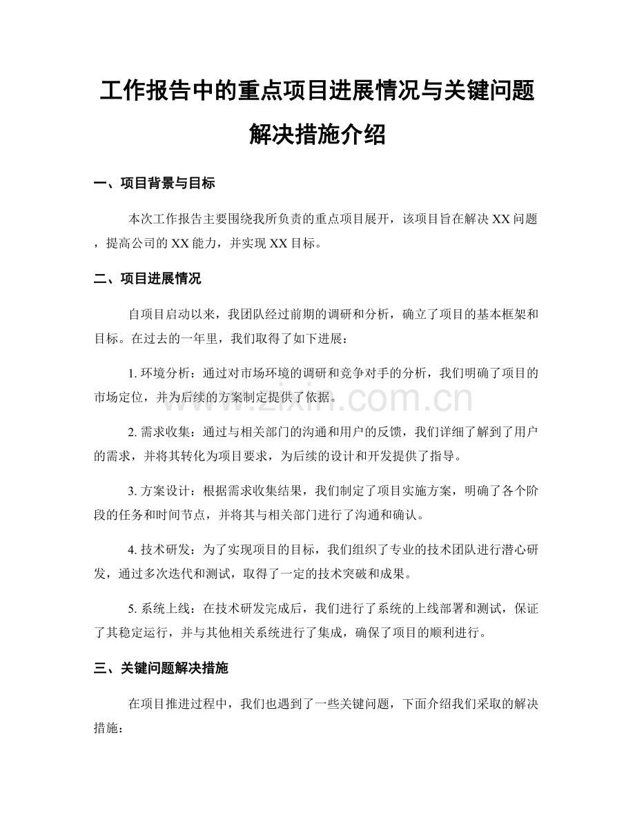 工作报告中的重点项目进展情况与关键问题解决措施介绍.docx_第1页