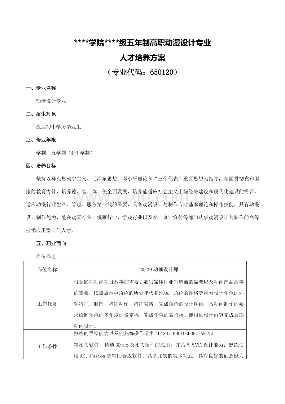 动漫设计专业(五年制)人才培养方案.doc_第1页