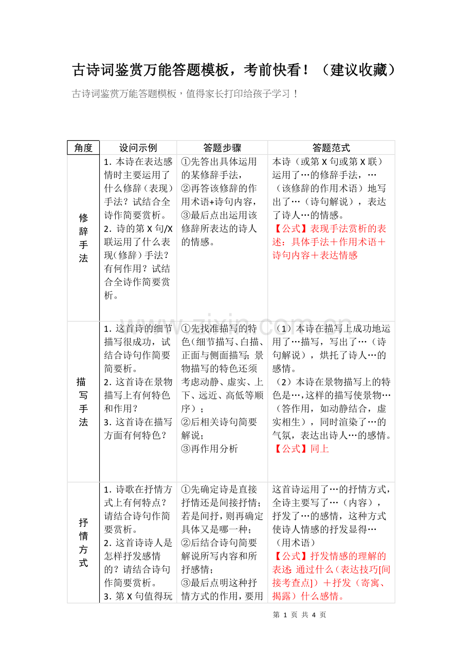 古诗词鉴赏万能答题模板.doc_第1页