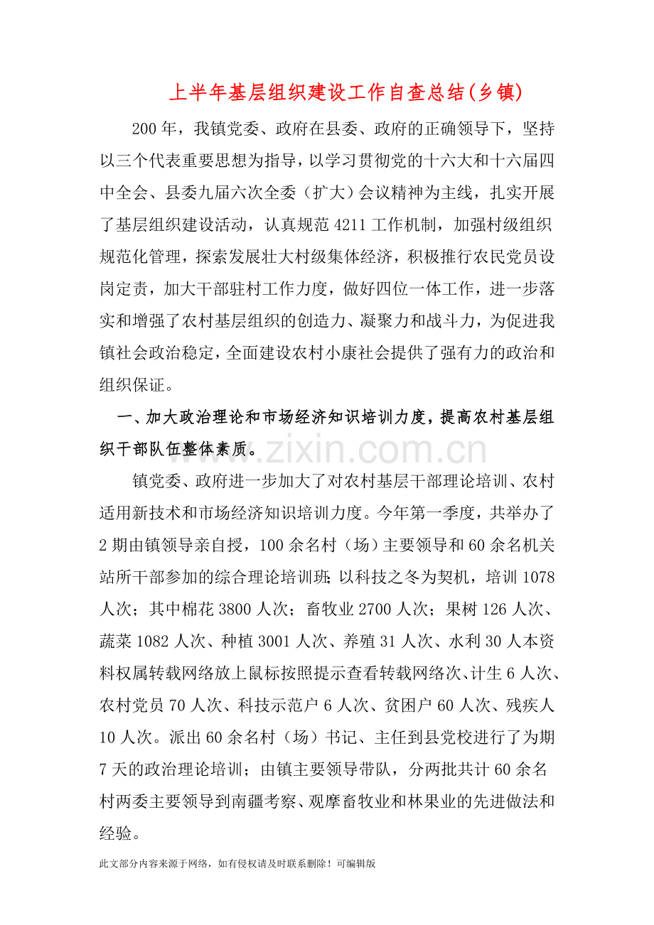 上半年基层组织建设工作自查总结(乡镇).doc_第1页