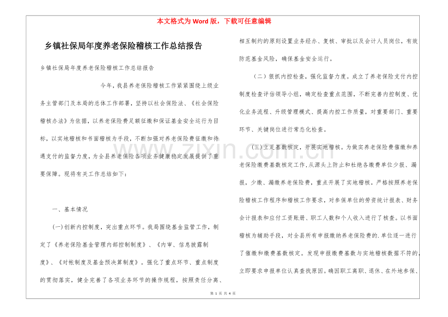 乡镇社保局年度养老保险稽核工作总结报告.docx_第1页