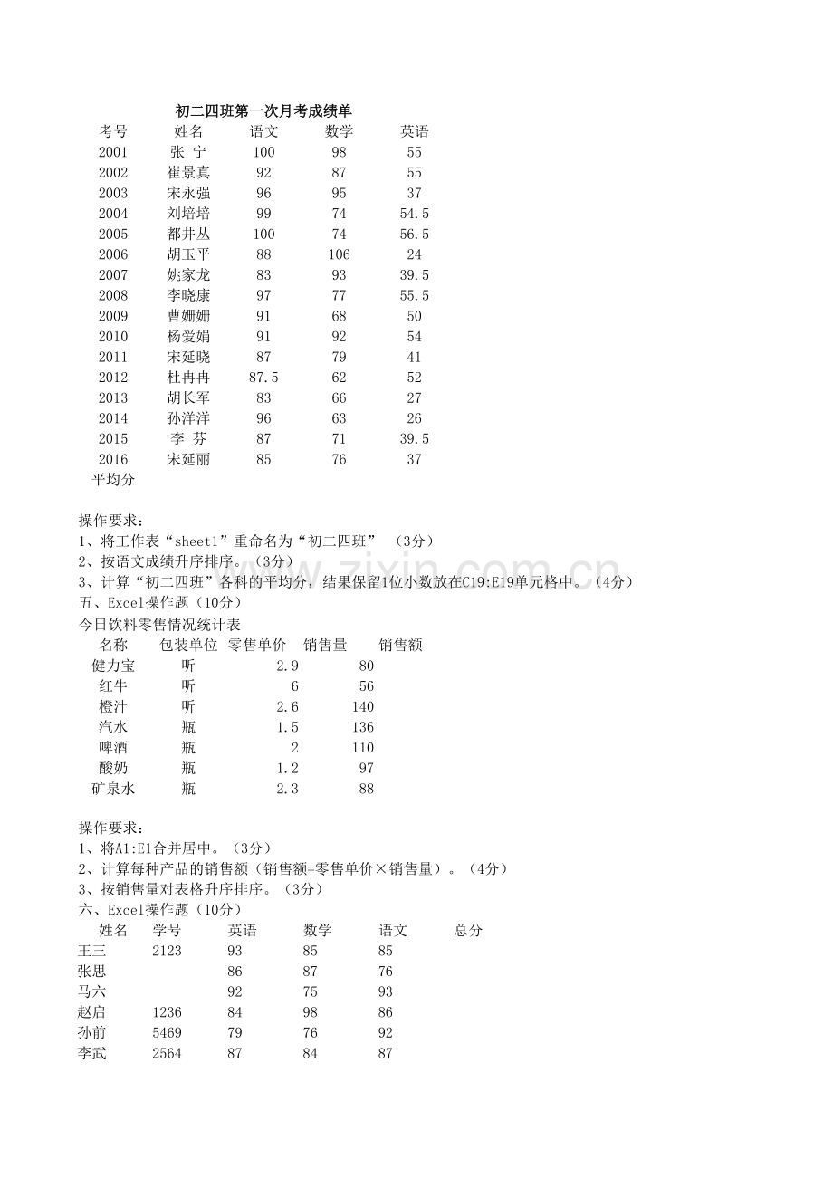 初中信息技术excel操作题.xls_第2页