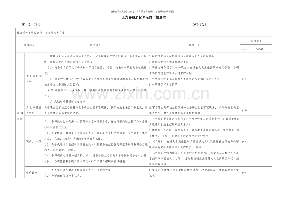 压力容器质保体系内审检查表模板样本.doc_第1页