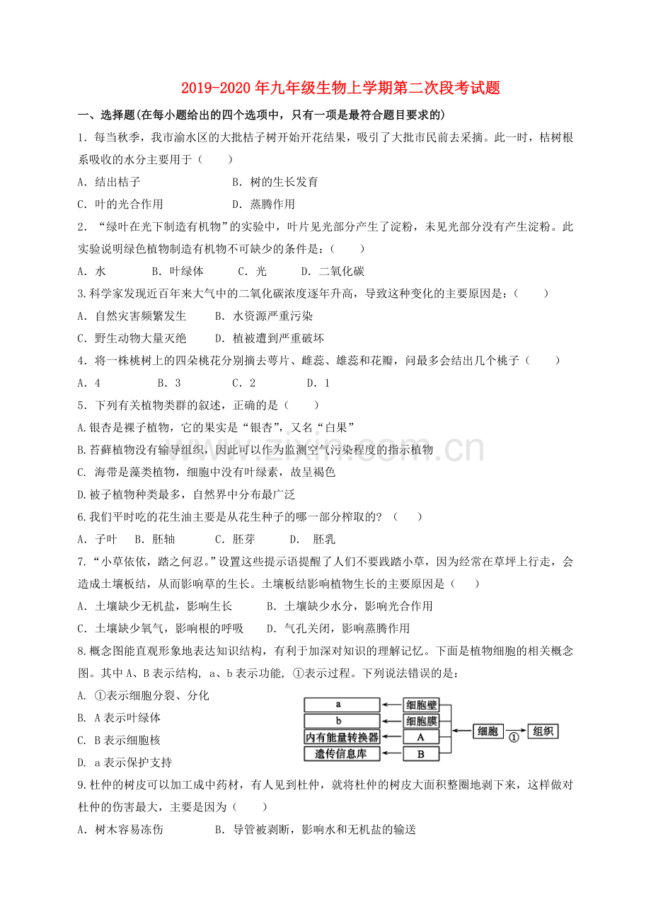 2019-2020年九年级生物上学期第二次段考试题.doc_第1页