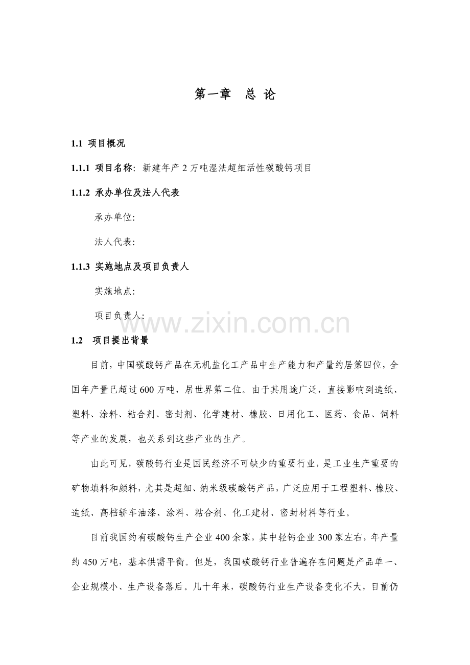 新建年产2万吨湿法超细活性碳酸钙项目可行性研究报告.doc_第1页