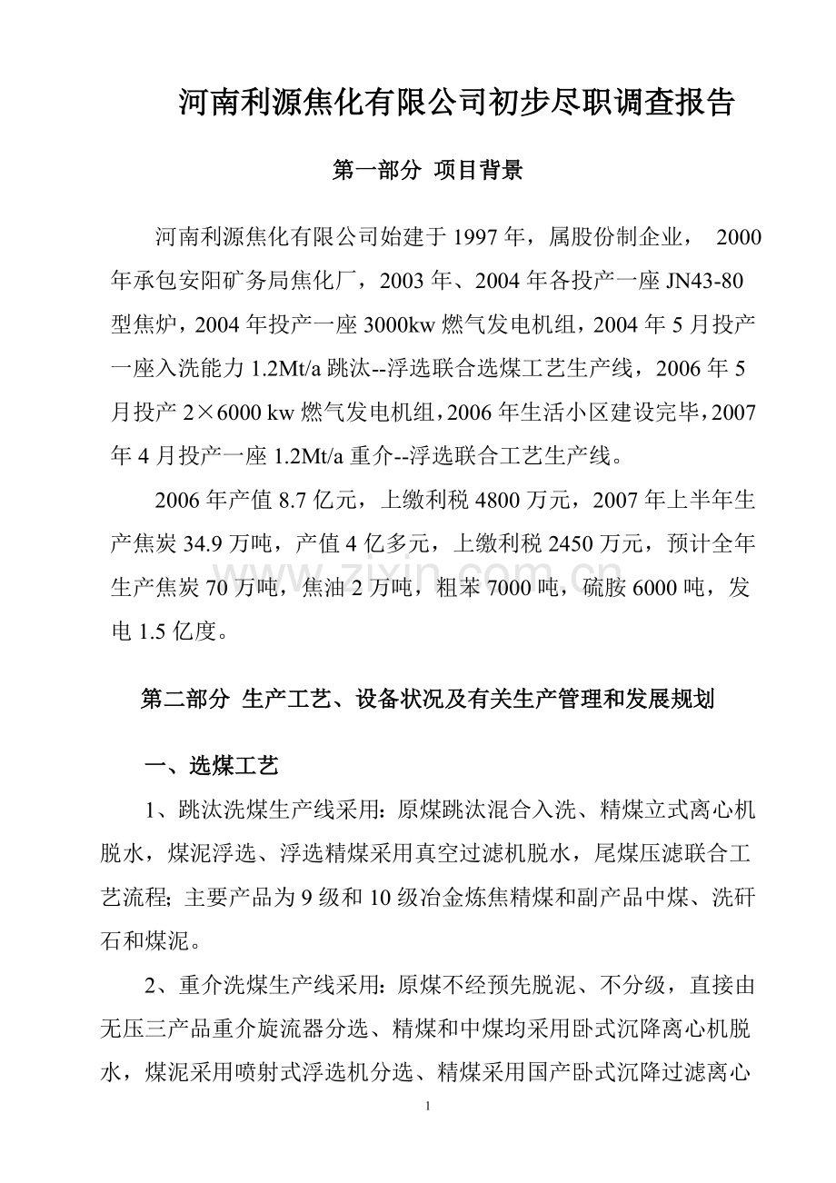 河南利源焦化有限公司初步尽职调查报告.doc_第1页