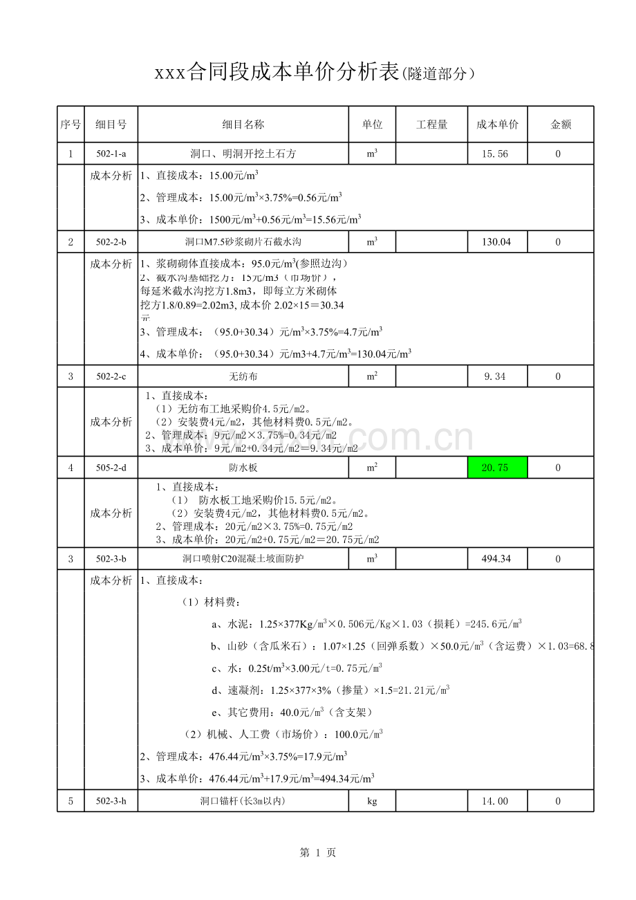 成本单价分析表(隧道部分).xls_第1页