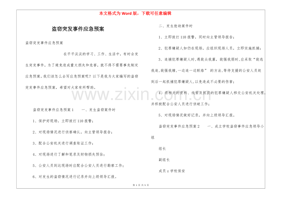 盗窃突发事件应急预案.docx_第1页