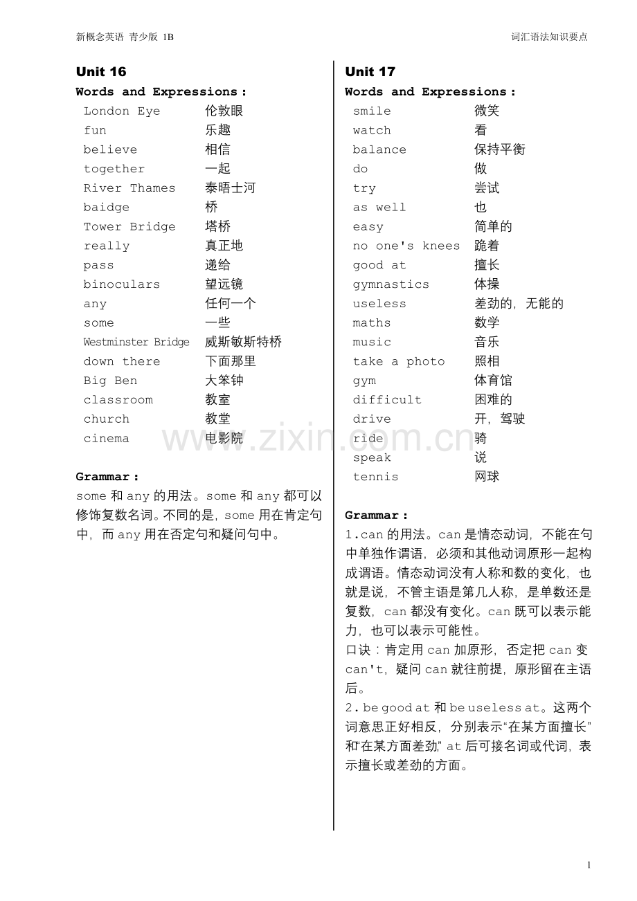 新概念英语青少版1B-词汇语法知识要点.doc_第1页