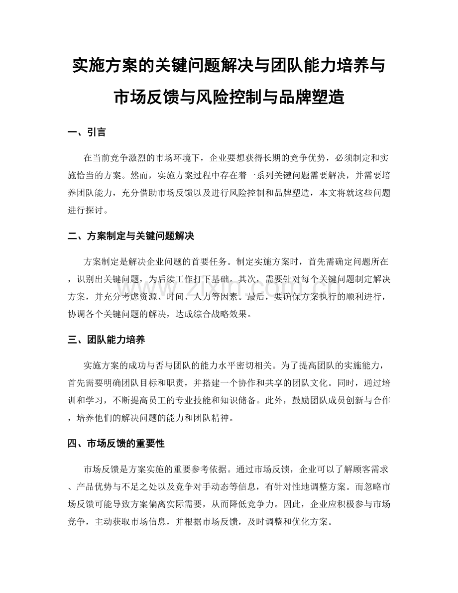 实施方案的关键问题解决与团队能力培养与市场反馈与风险控制与品牌塑造.docx_第1页