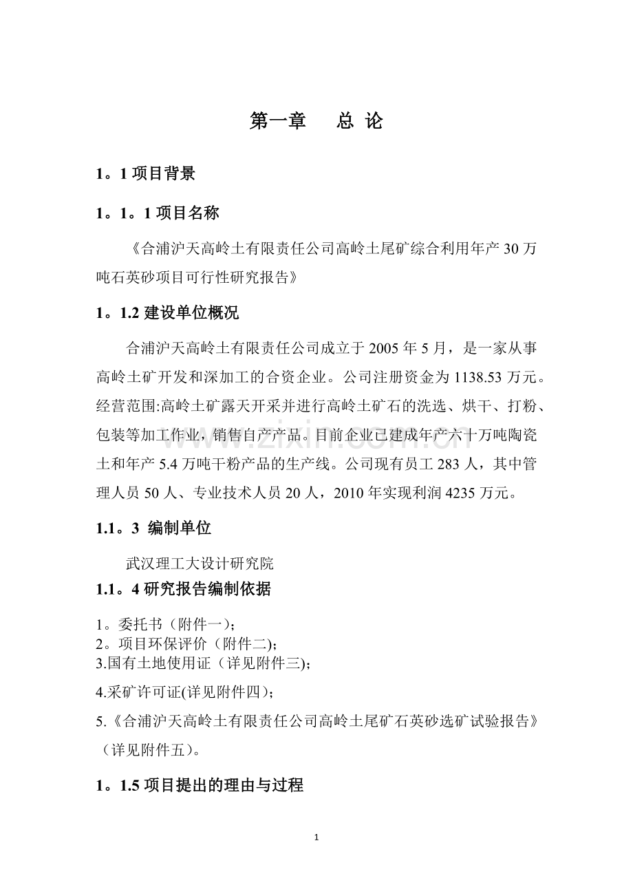 (终结版)高岭土尾矿综合利用年产30万吨石英砂项目可行性研究报告.doc_第1页