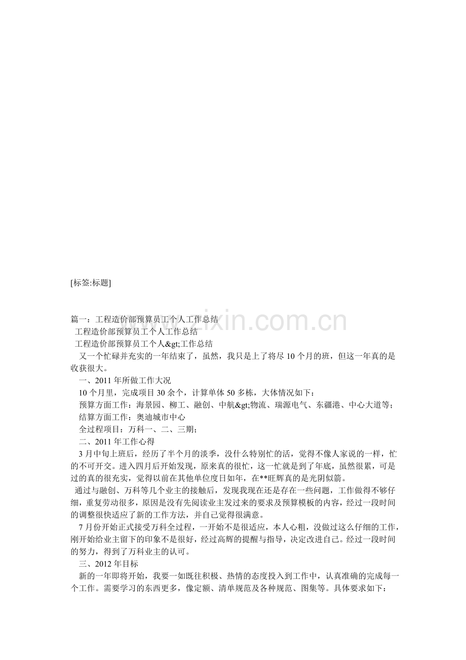 工程预算员个人工作总结试卷教案.doc_第1页