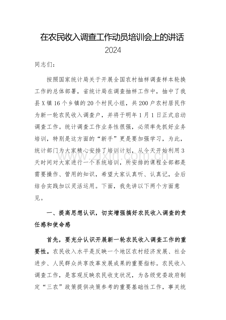 在农民收入调查工作动员培训会上的讲话2024.docx_第1页