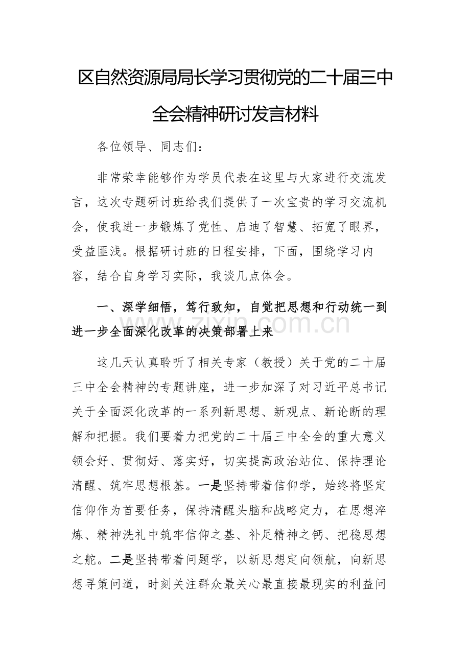 自然资源部门领导学习贯彻党的二十届三中全会精神研讨发言材料范文.docx_第1页