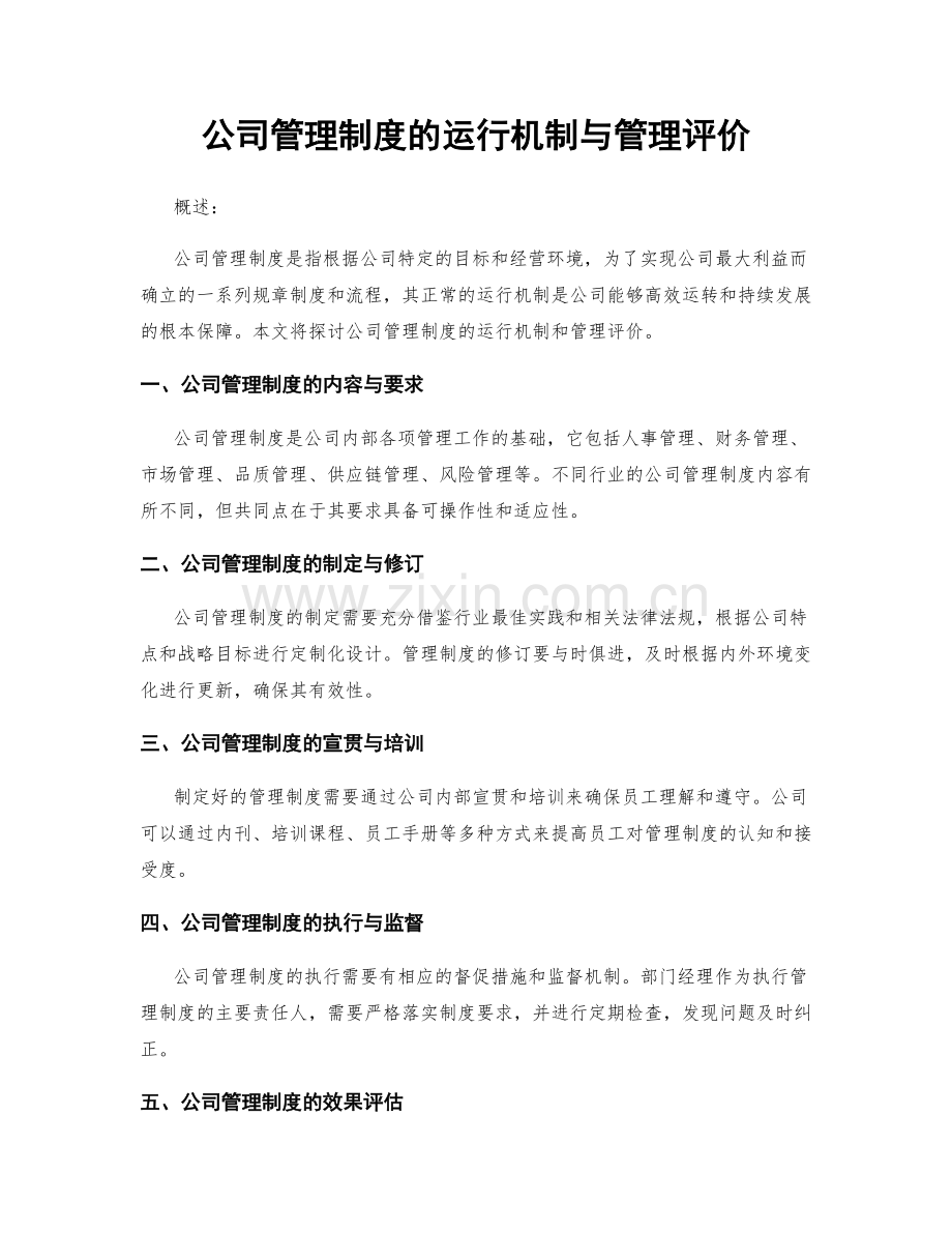 公司管理制度的运行机制与管理评价.docx_第1页