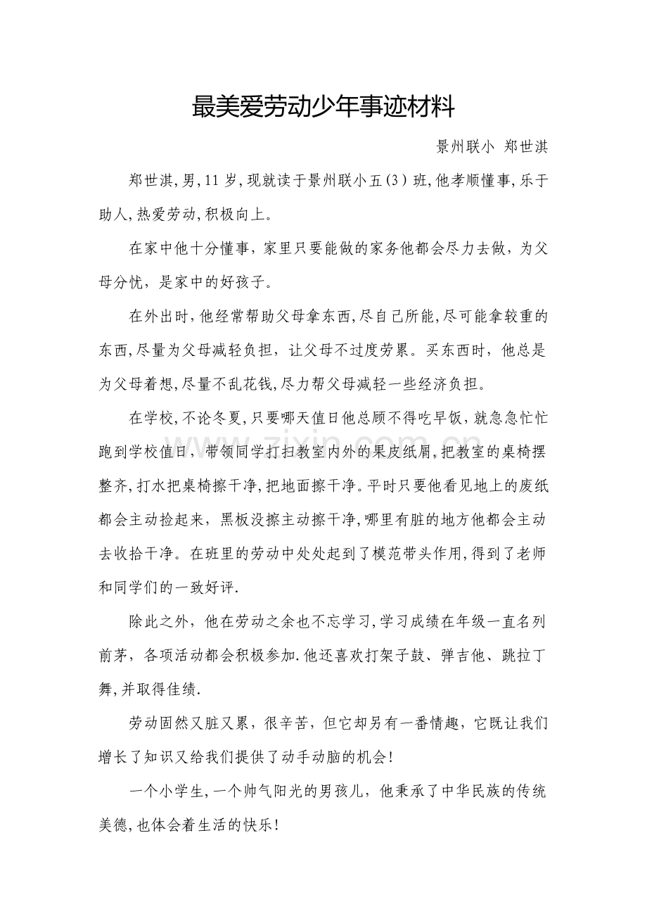 最美爱劳动少年事迹材料.doc_第1页