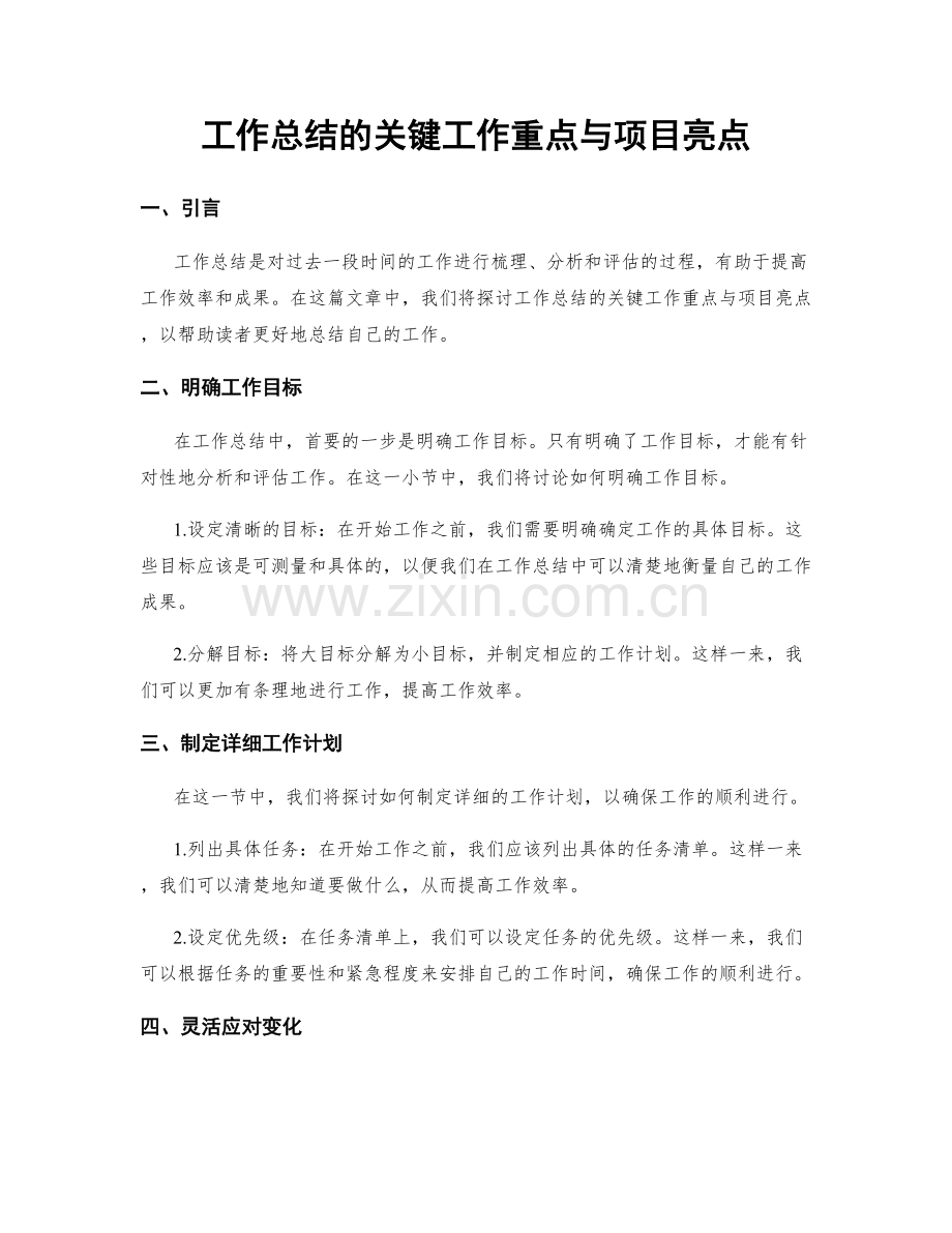 工作总结的关键工作重点与项目亮点.docx_第1页