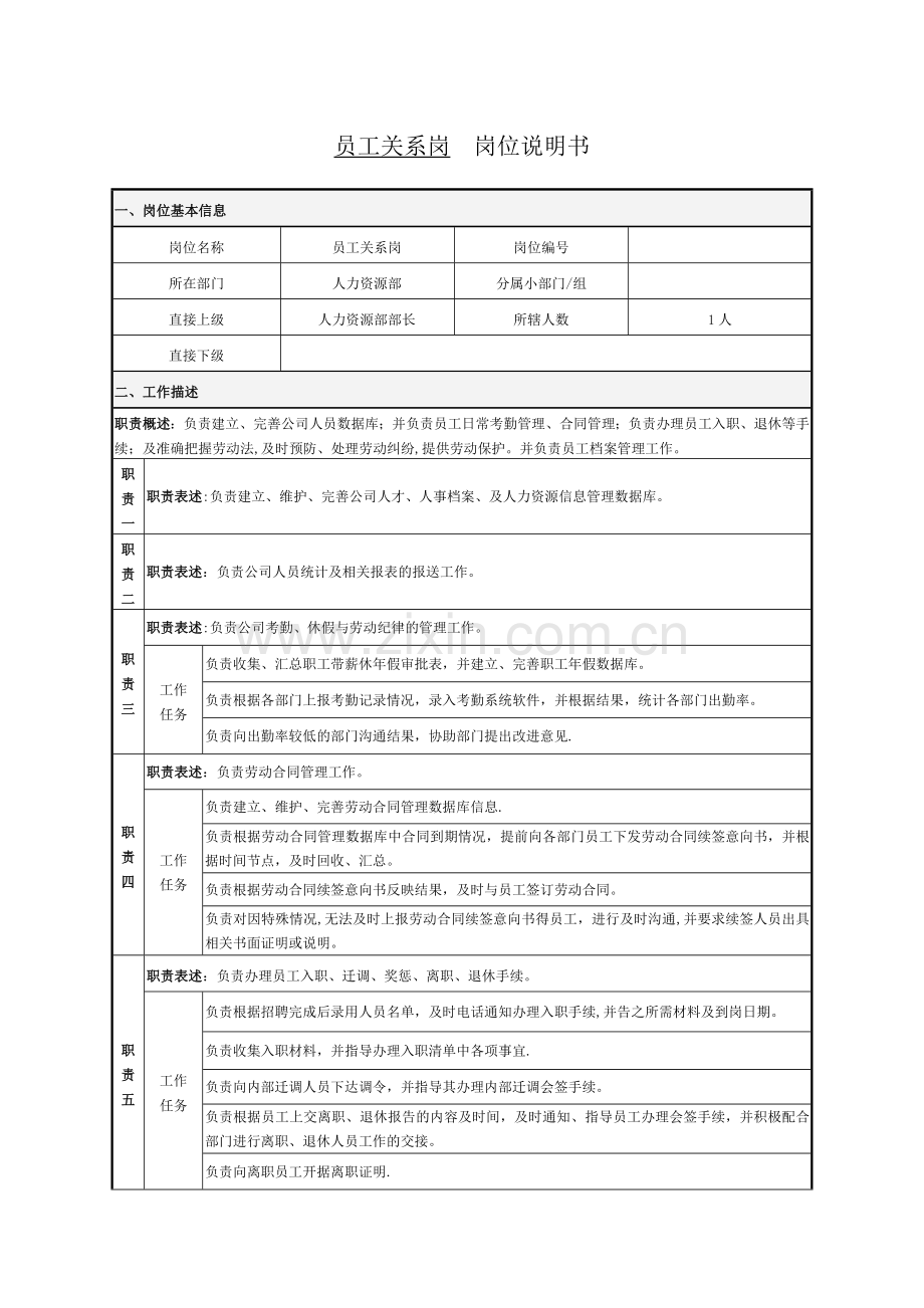 岗位说明书(员工关系岗).doc_第1页