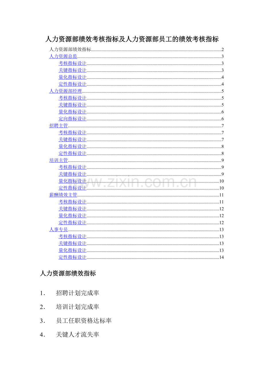 人力资源部绩效考核指标及人力资源部员工的绩效考核指标.doc_第1页