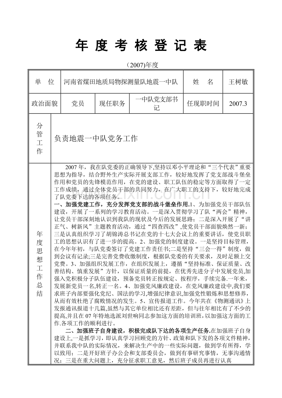 地质队技术人员及管理层年度考核表年度考核登记(王树敏).doc_第1页