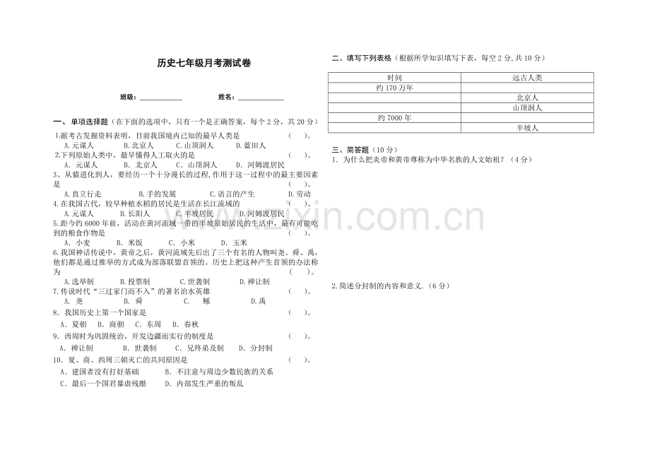 七年级历史月考试卷.doc_第1页