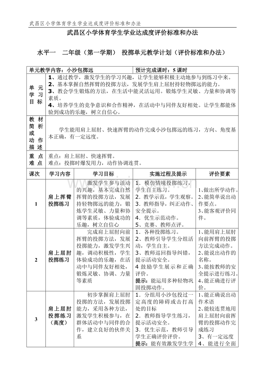 水平一二年级投掷单元计划.doc_第1页