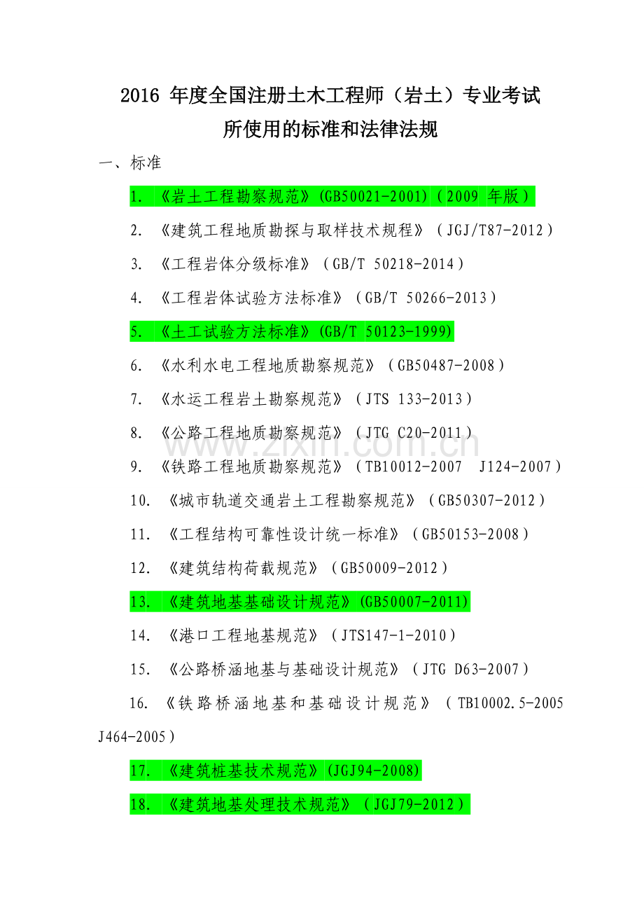 2016-年度全国注册土木工程师(岩土)专业考试所使用的标准和法律法规.doc_第1页