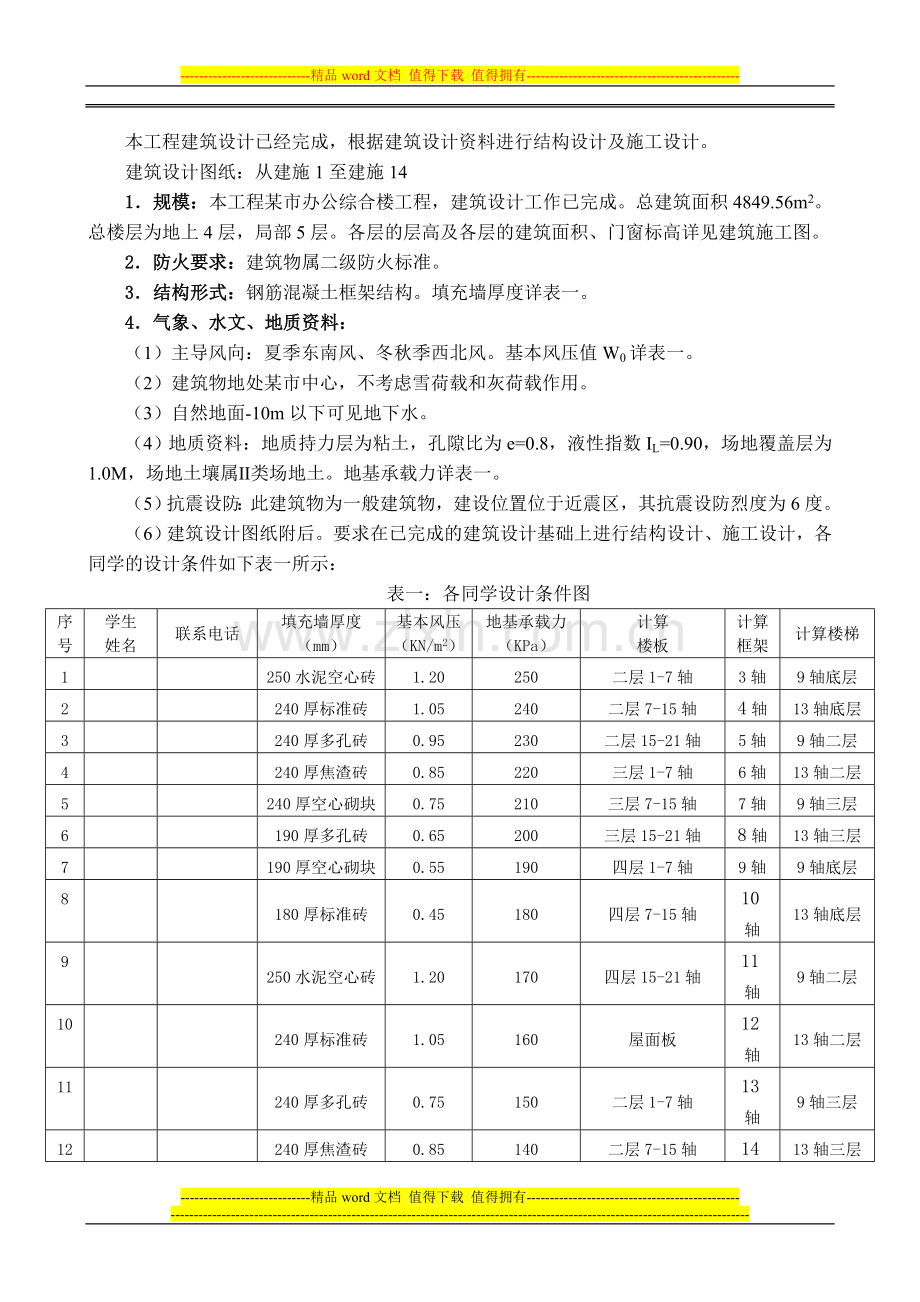 鹿山学院2011届土木工程-毕业设计任务书(某市某办公综合楼-结构-施工设计-罗臻-房长宇).doc_第3页